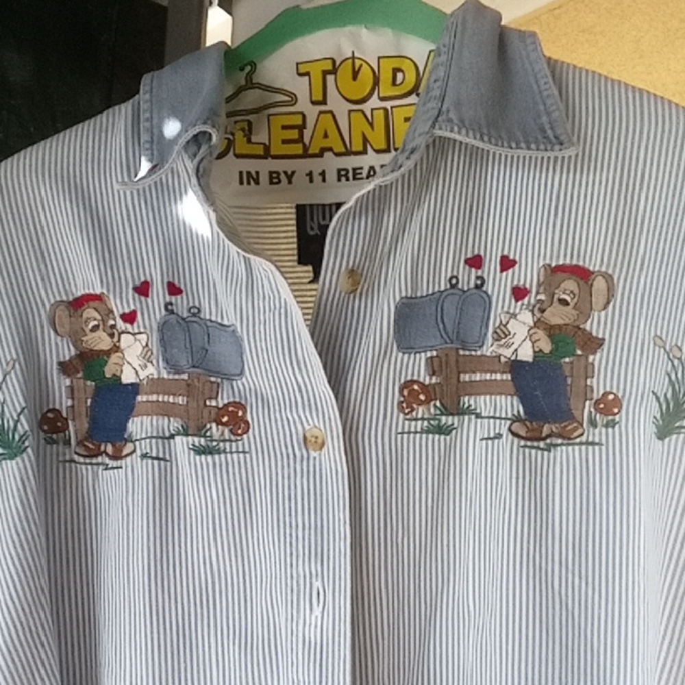 Charming Blue Striped Kids Shirt with Embroidered Mouse